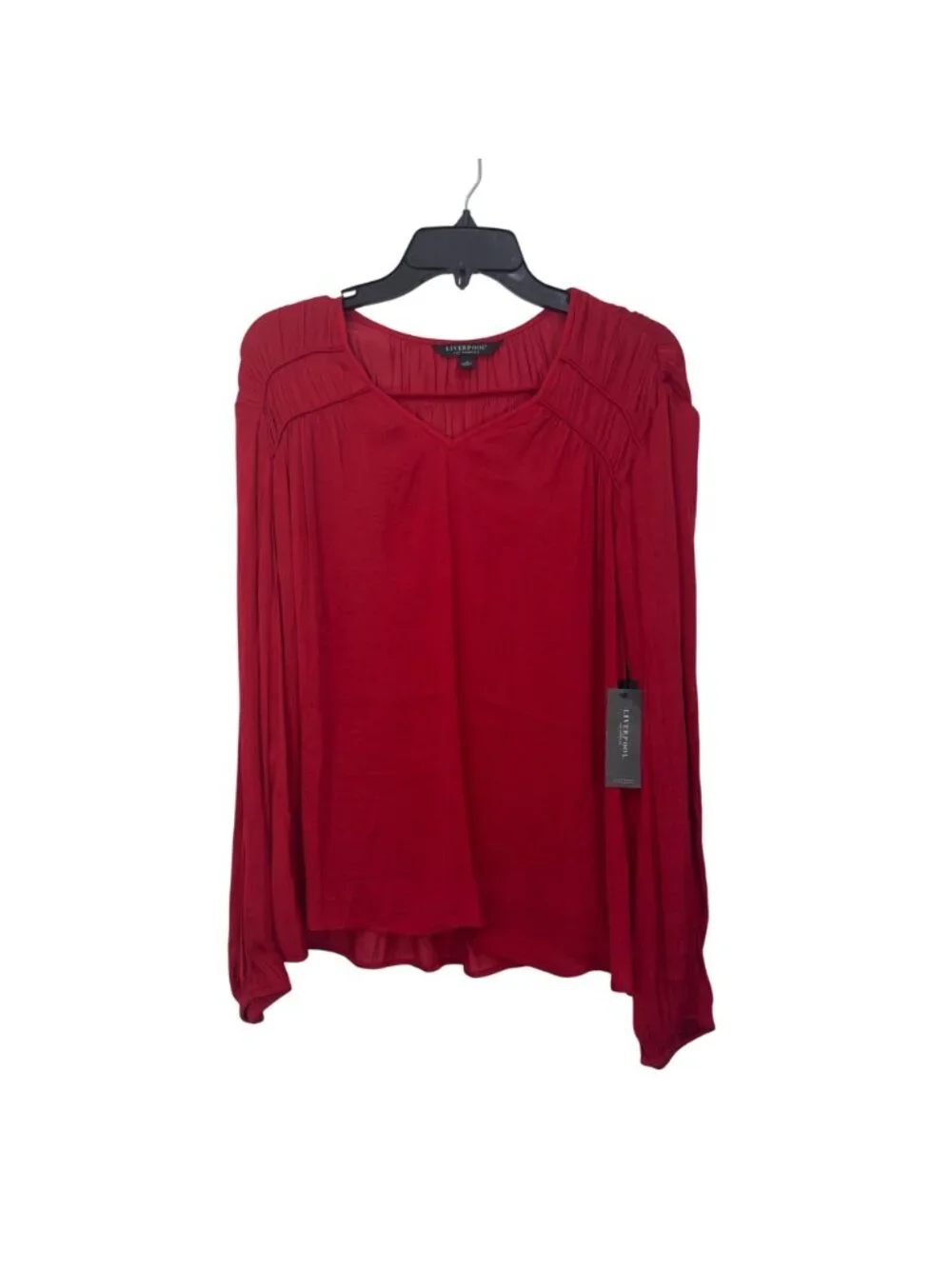 Liverpool Womens Tango Red Long Sleeve Blouse V-Neck Smocked Details Size M - Picture 2 of 11